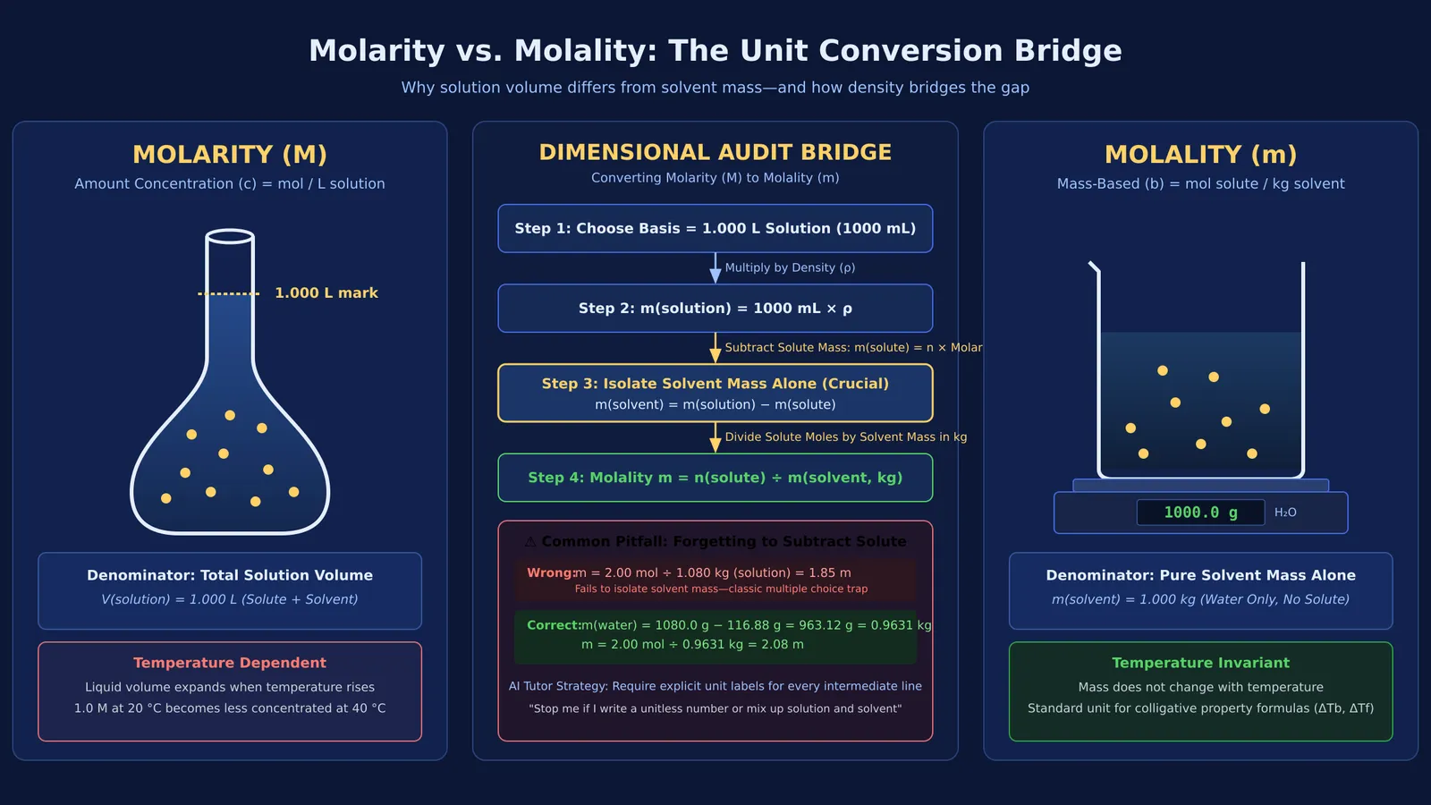 Diagram contrasting molarity per litre of solution with molality per kilogram of solvent
