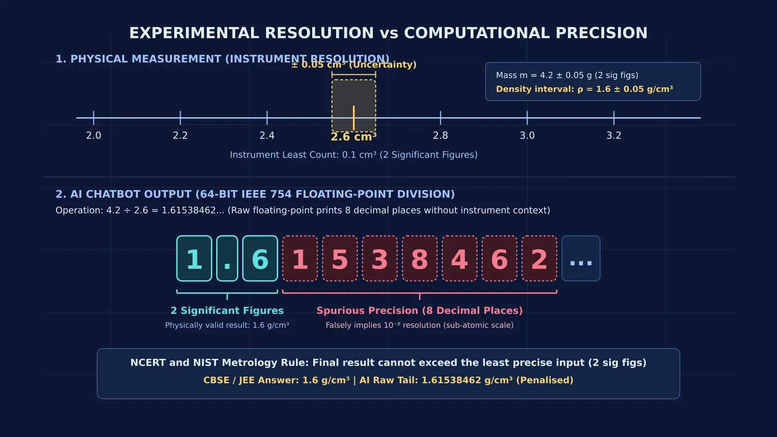 Diagram contrasting two-digit measurement uncertainty with eight decimal places of AI floating-point output
