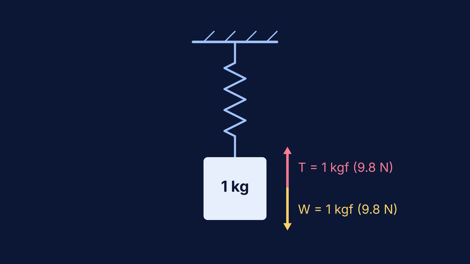 Diagram of a 1 kg mass on a spring showing 1 kgf of tension and weight
