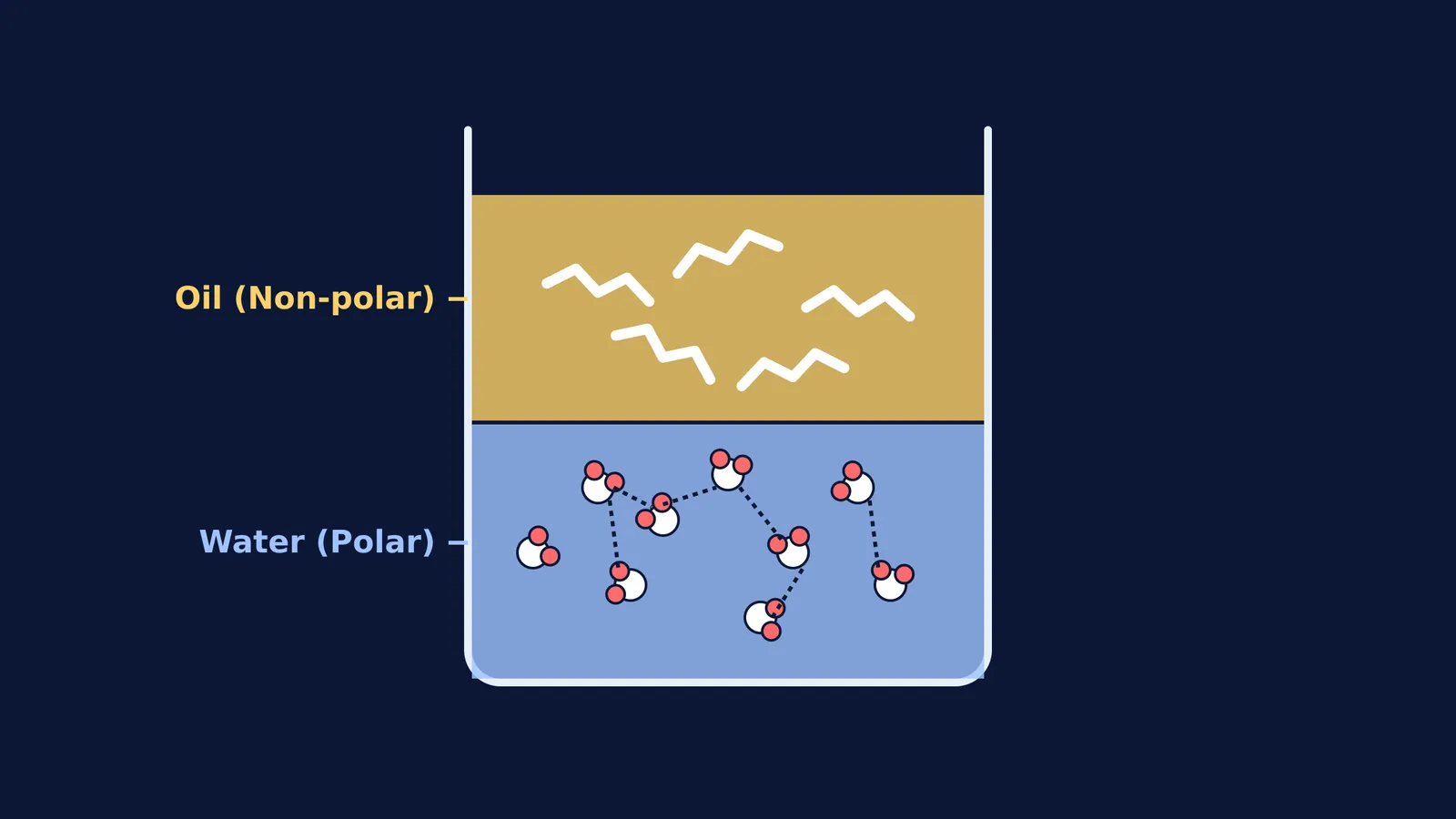 Diagram of a beaker with oil floating on water