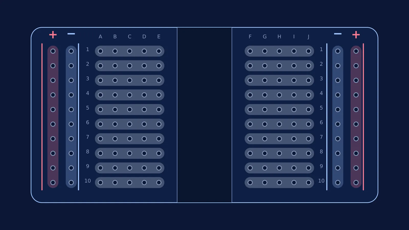Diagram of a breadboard showing standard rows, power rails, and hidden metal clips.