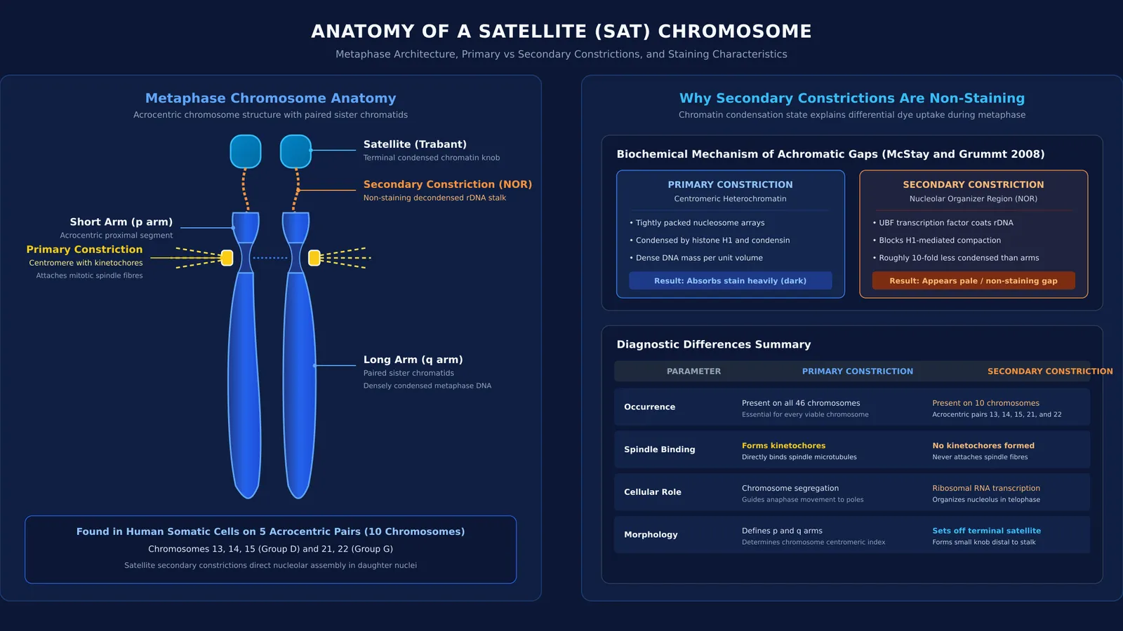 Diagram of a metaphase satellite chromosome showing primary and secondary constrictions