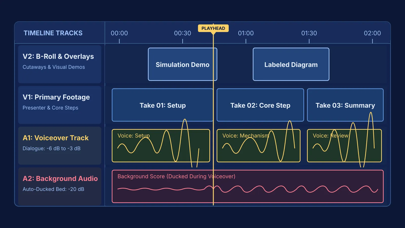 Diagram of a multi-track video editing timeline with video, overlay, and audio tracks