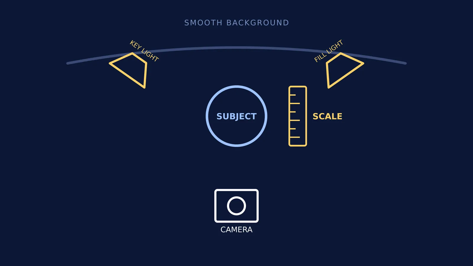 Diagram of a scientific photography setup showing a camera, lights, ruler, and smooth background.