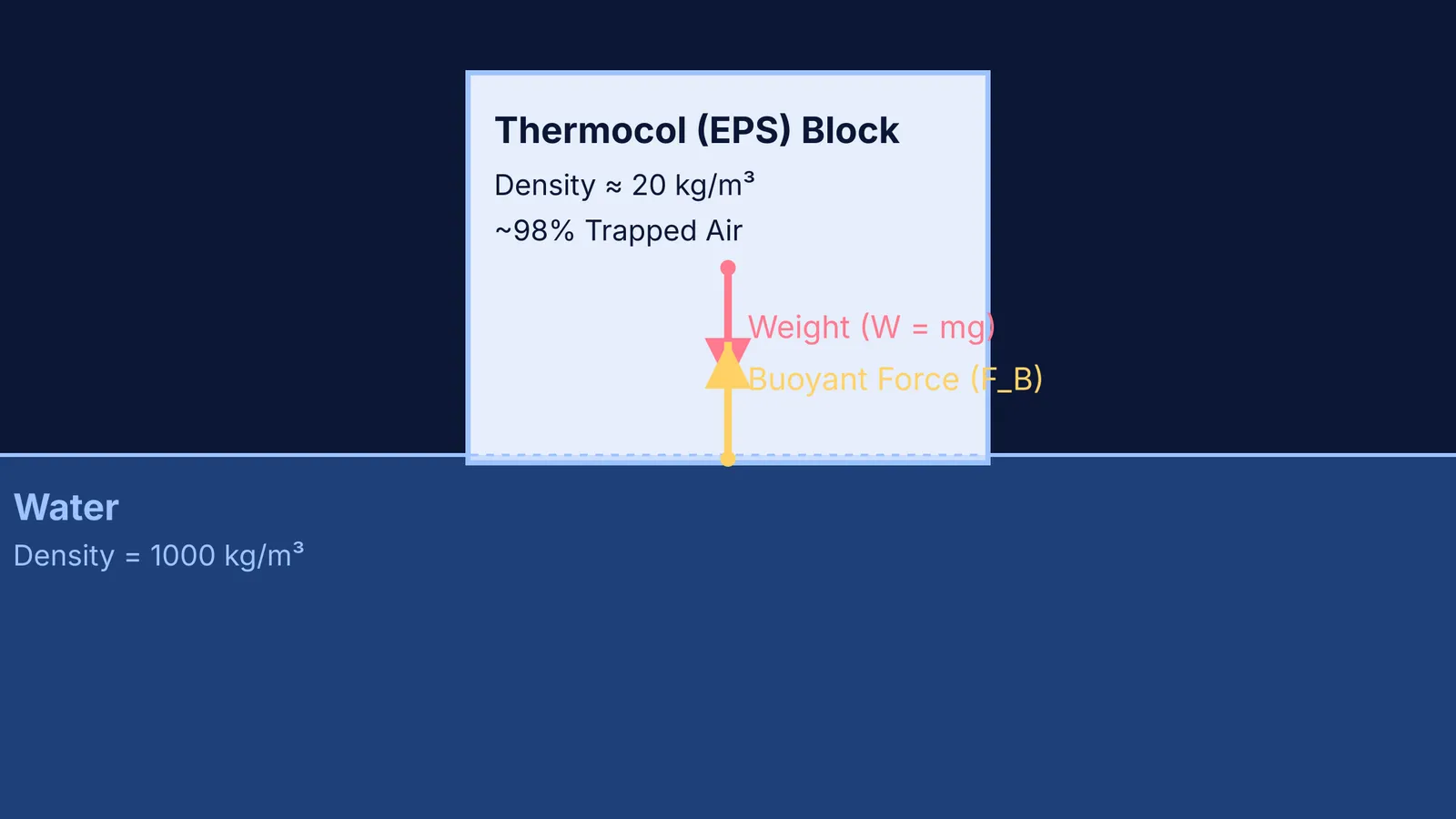 Diagram of a thermocol block floating in water with weight and buoyant force vectors