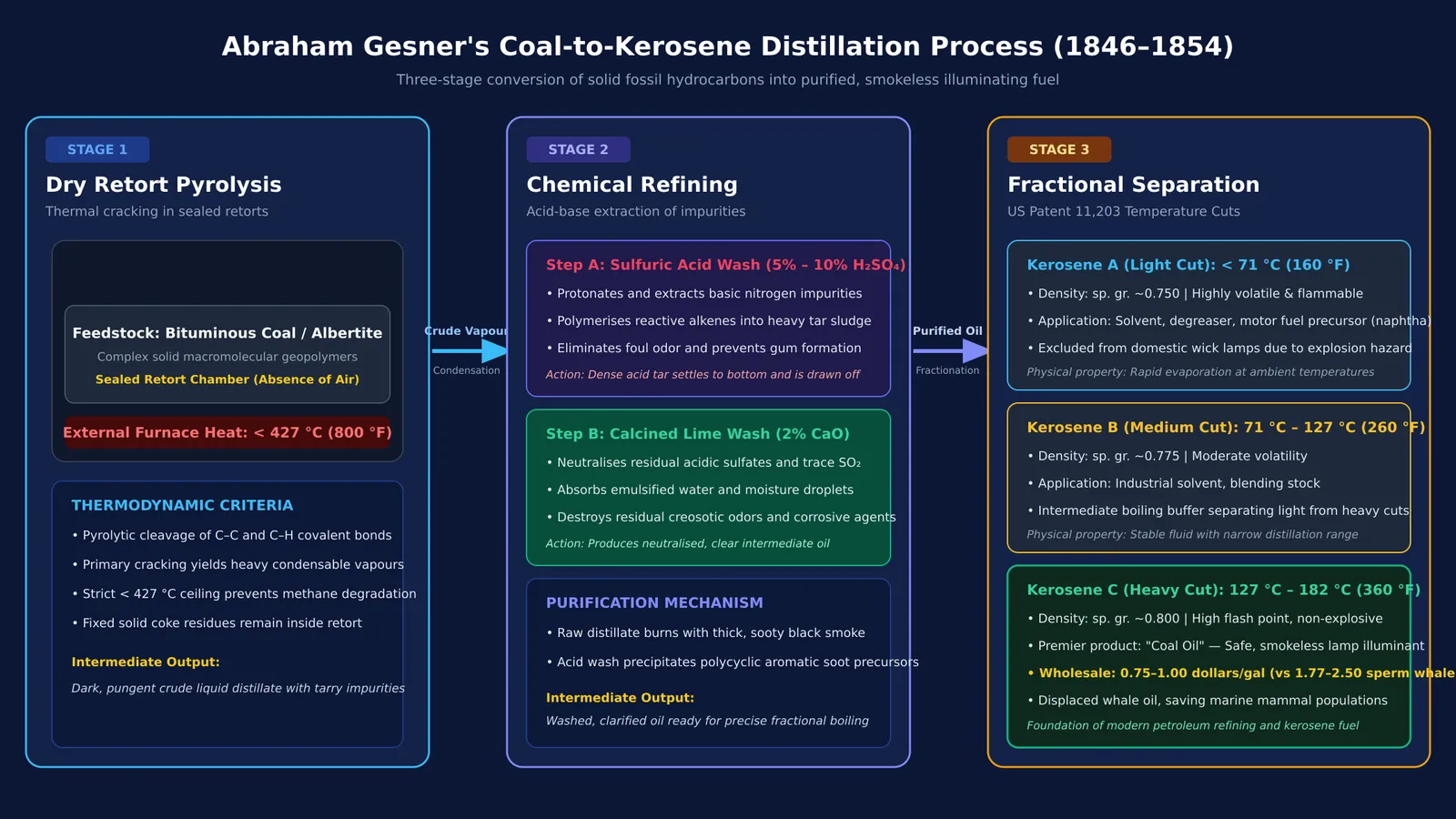 Diagram of Abraham Gesner's coal distillation stages, chemical washes, and fractional kerosene cuts