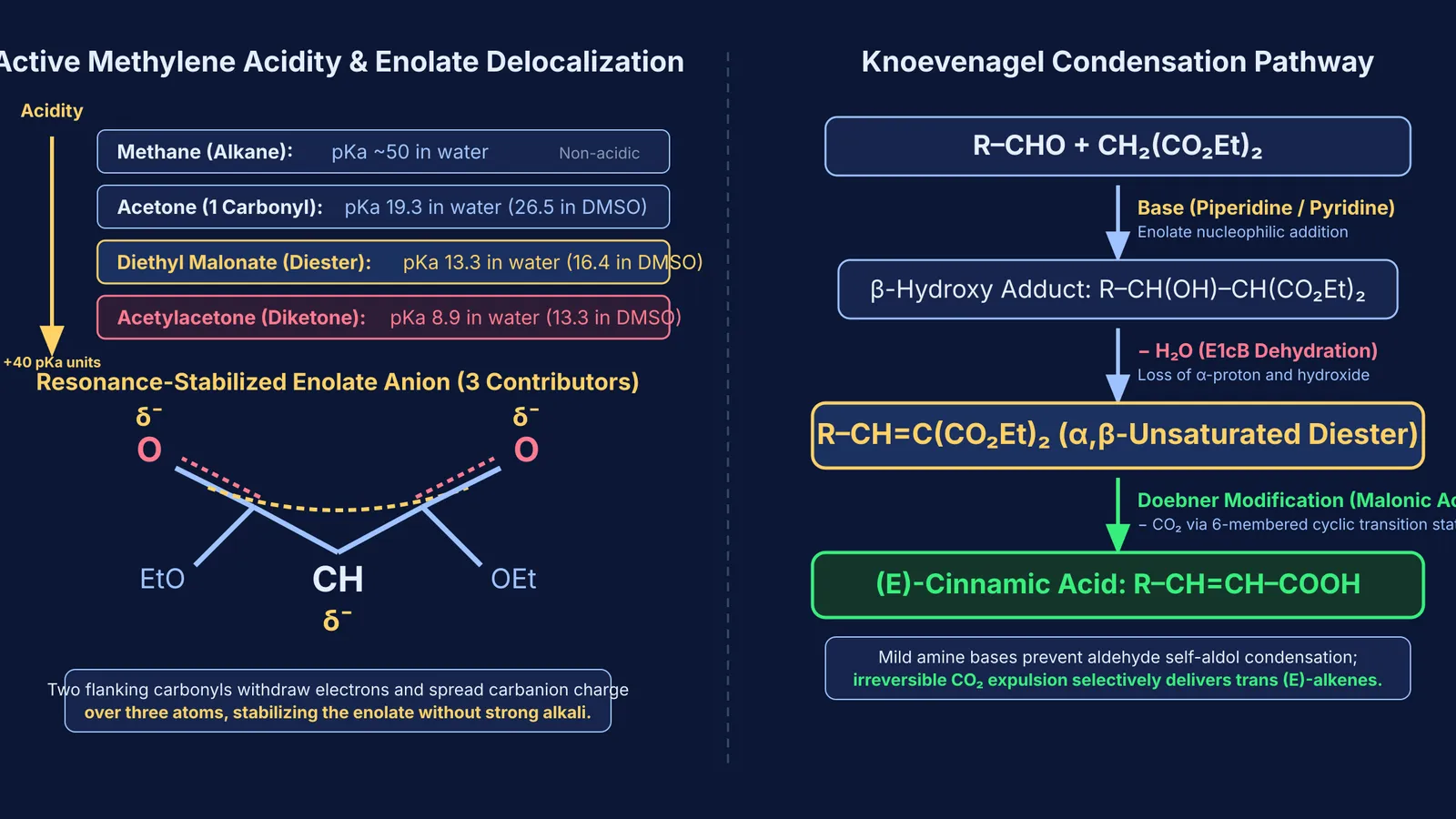 Diagram of active methylene pKa hierarchy and Knoevenagel condensation mechanism to alkenes