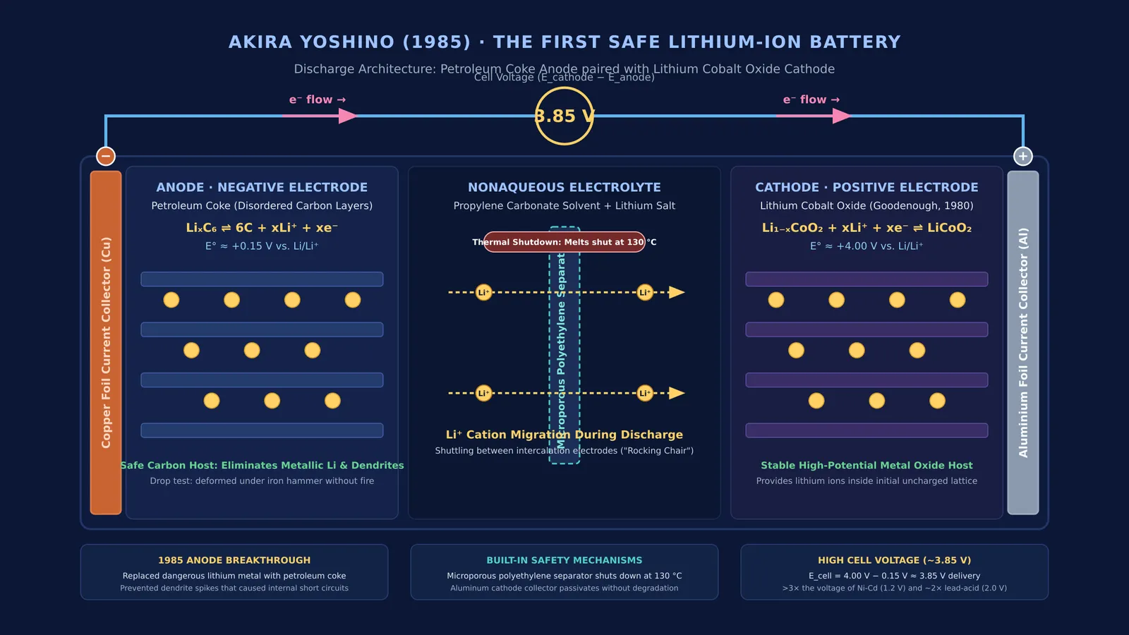 Diagram of Akira Yoshino's 1985 lithium-ion cell with petroleum coke and lithium cobalt oxide