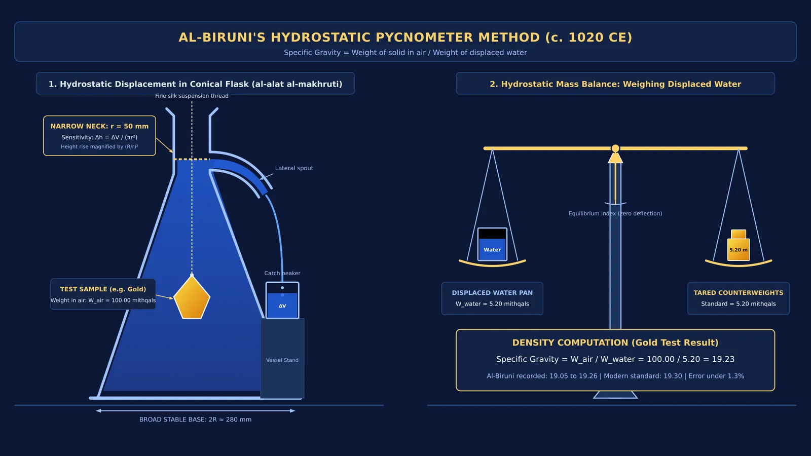 Diagram of Al-Biruni conical vessel and hydrostatic mass balance