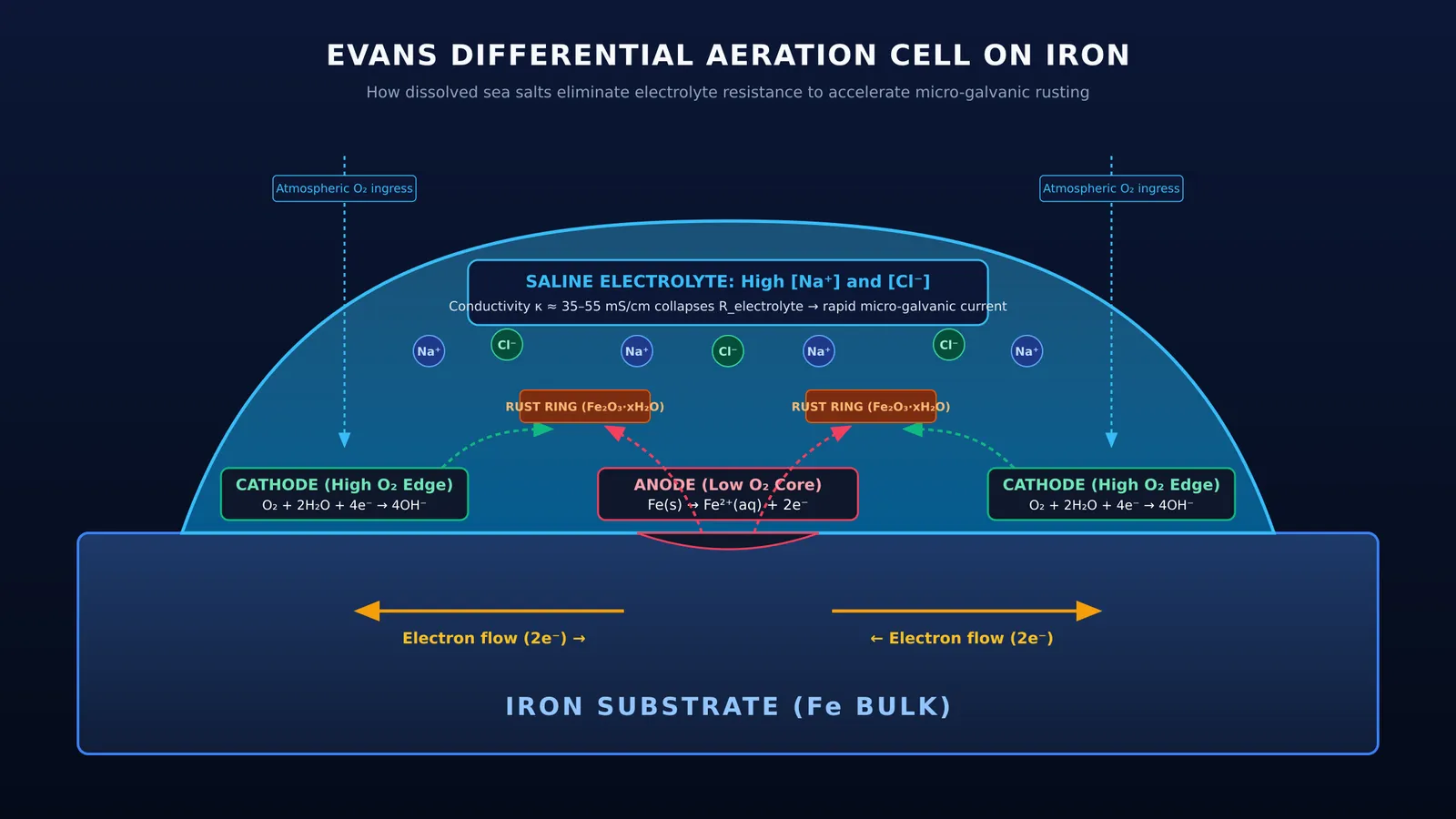 Diagram of an electrochemical corrosion cell on iron beneath a saline water droplet.