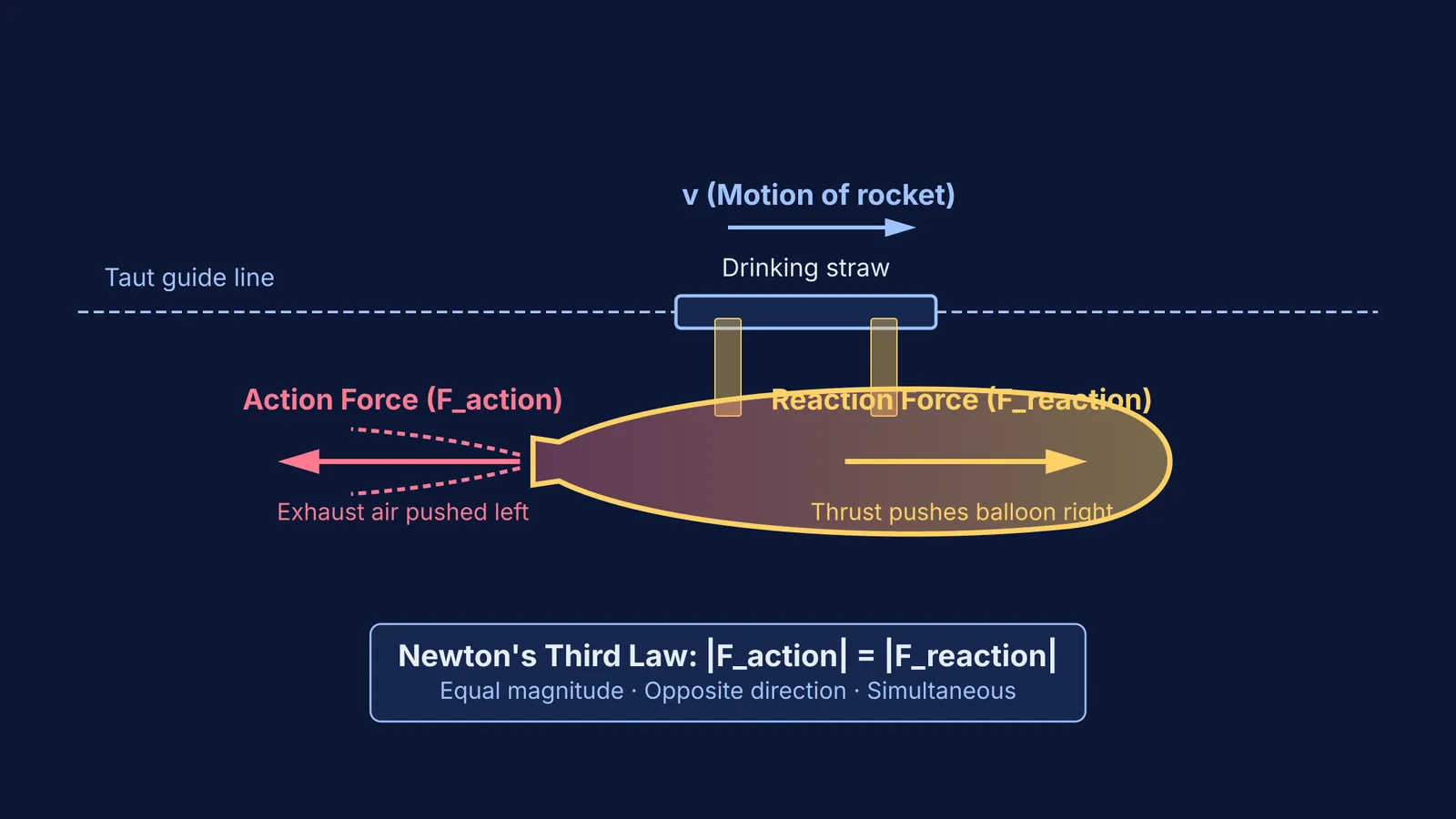 Diagram of balloon rocket forces showing equal and opposite action and reaction vectors