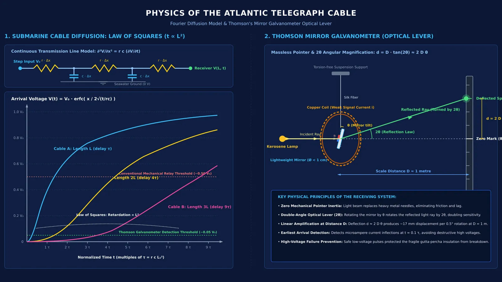 Diagram of cable diffusion delay curves and Thomson mirror galvanometer optical lever