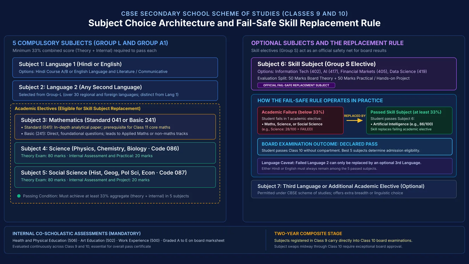 Diagram of CBSE Class 9 and 10 subject choice structure and skill replacement rule