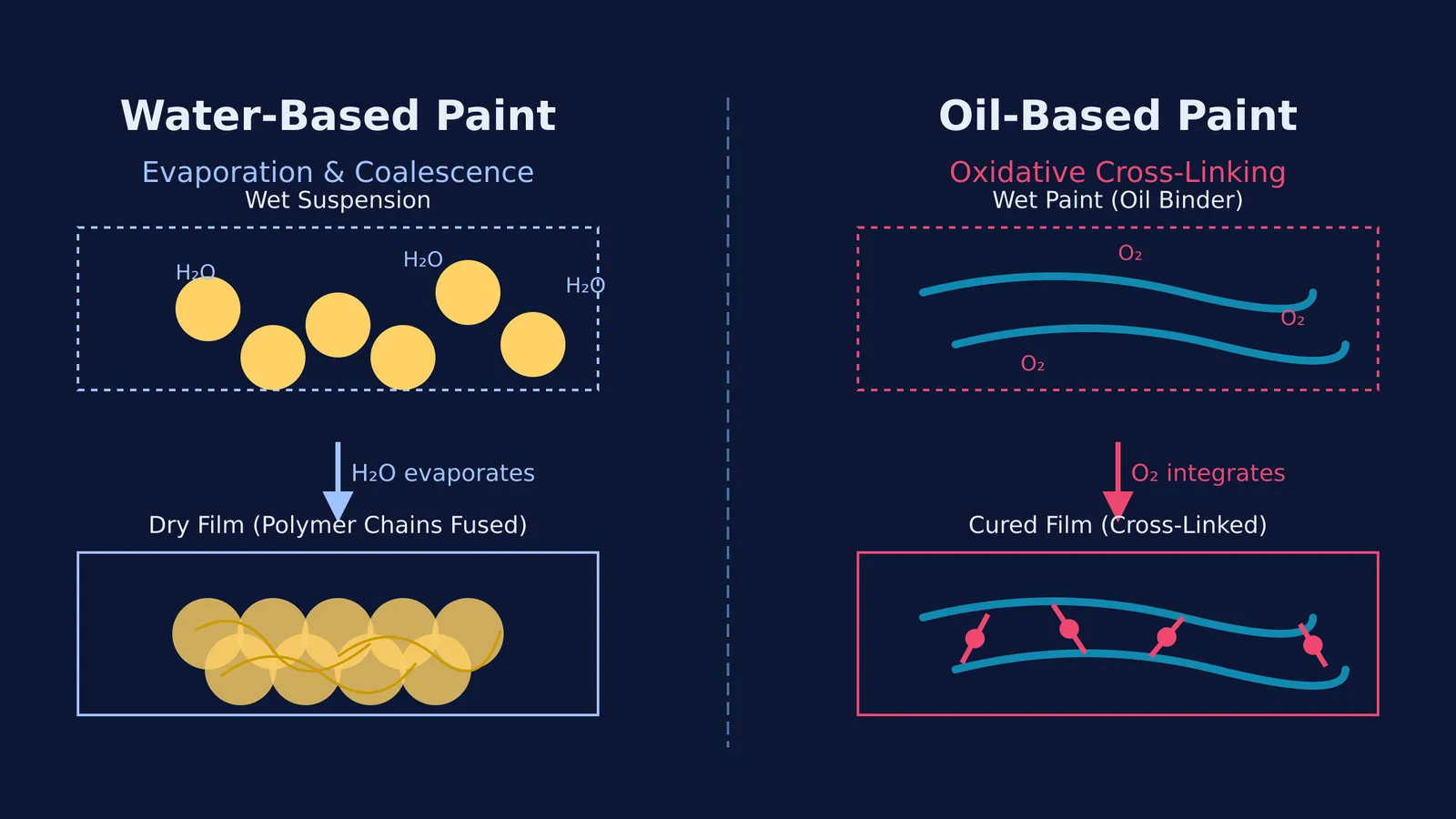 Diagram of coalescence in water-based paint versus oxidation in oil-based paint.
