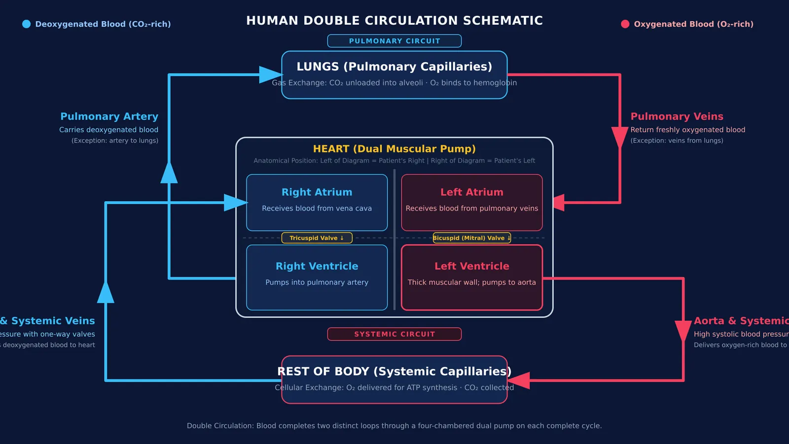Diagram of double circulation showing pulmonary and systemic circuits through four heart chambers
