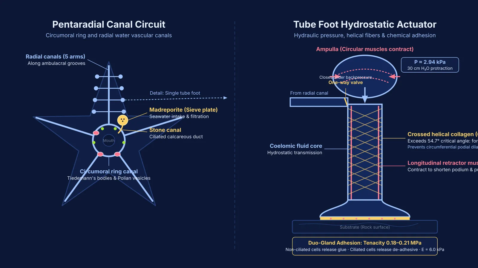 Diagram of echinoderm water vascular canal system and hydraulic tube foot actuator