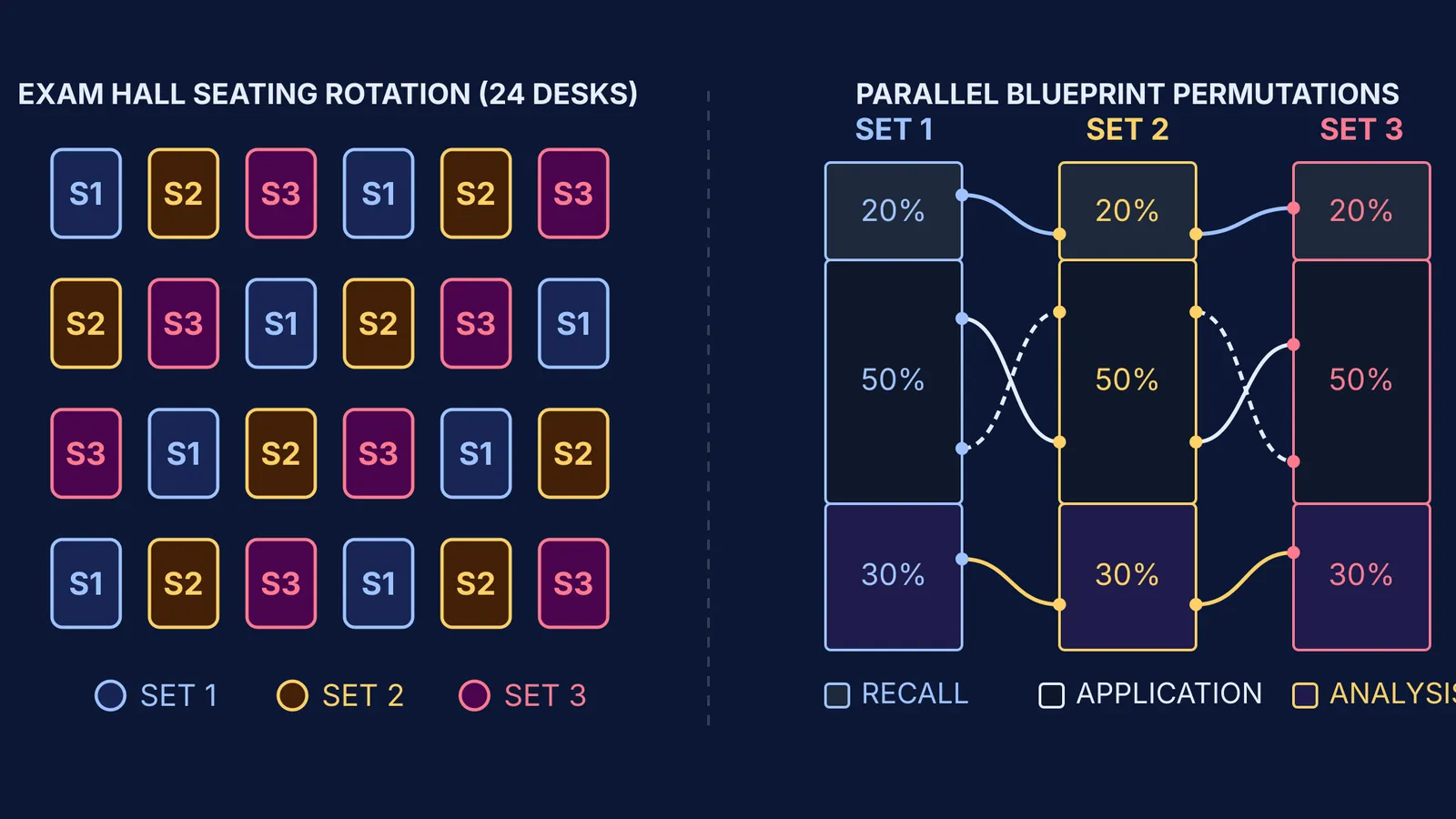 Diagram of exam hall desk rotation and parallel question shuffling across paper sets