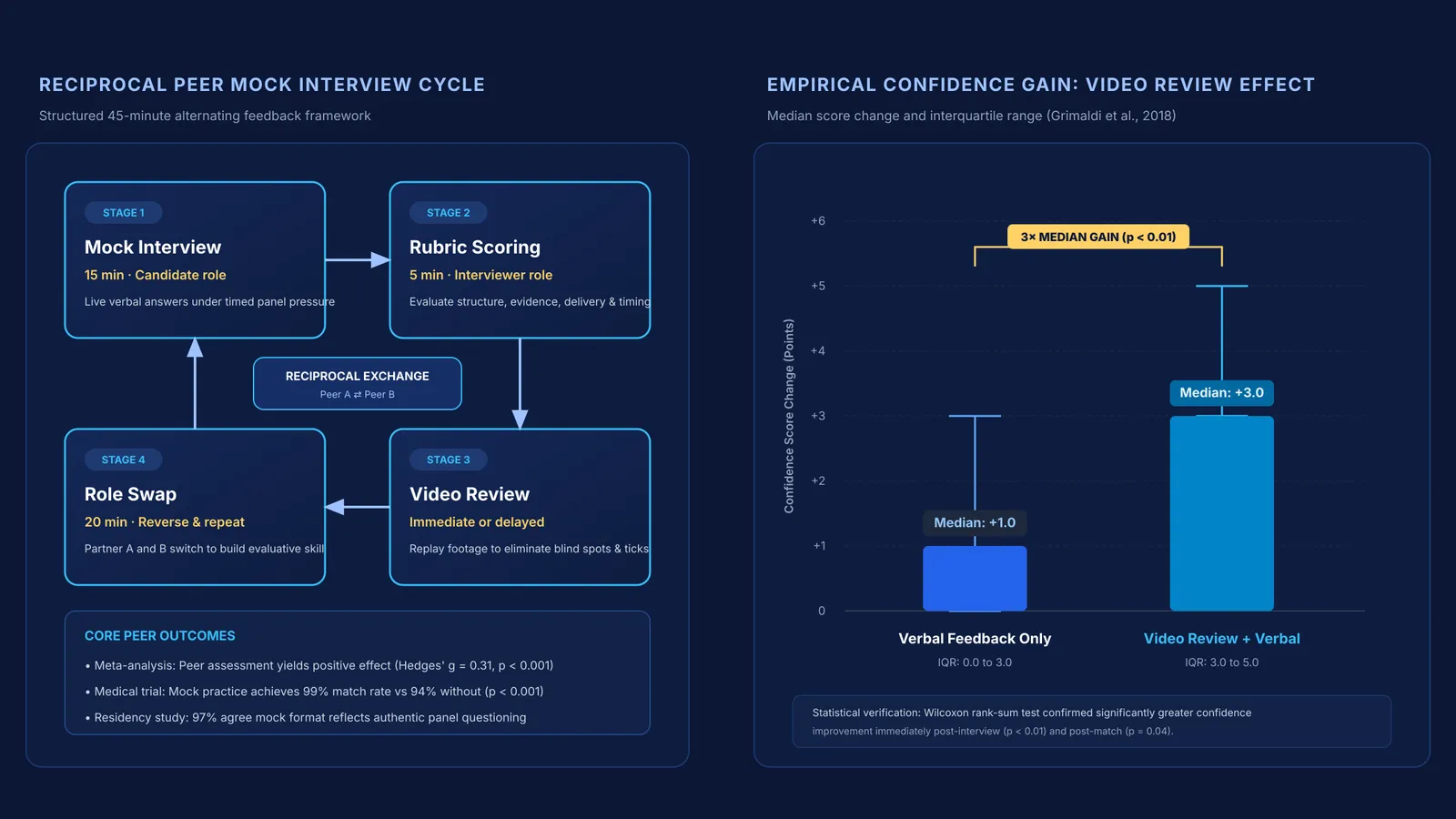 Diagram of four-stage peer mock interview cycle and comparative video feedback confidence gains