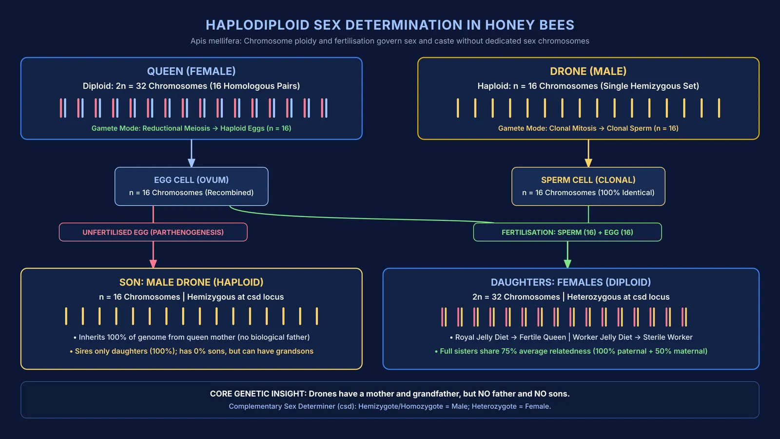 Diagram of haplodiploid sex determination, chromosome inheritance, and caste differentiation in honey bees.