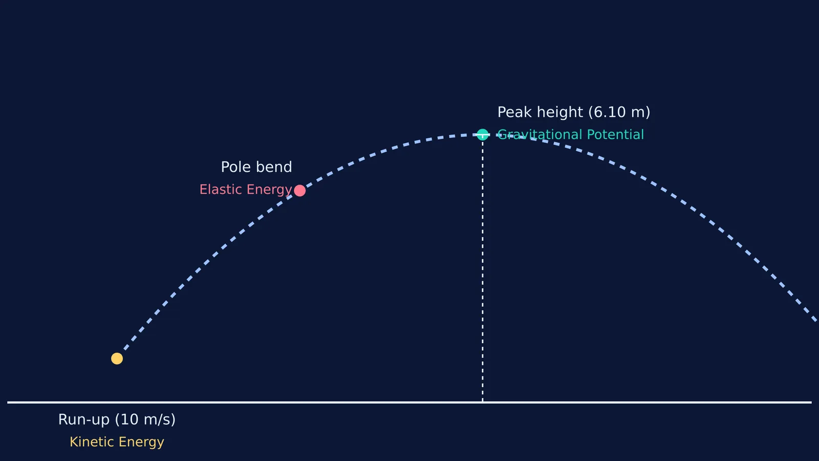 Diagram of kinetic, elastic, and gravitational energy conversion during a pole vault