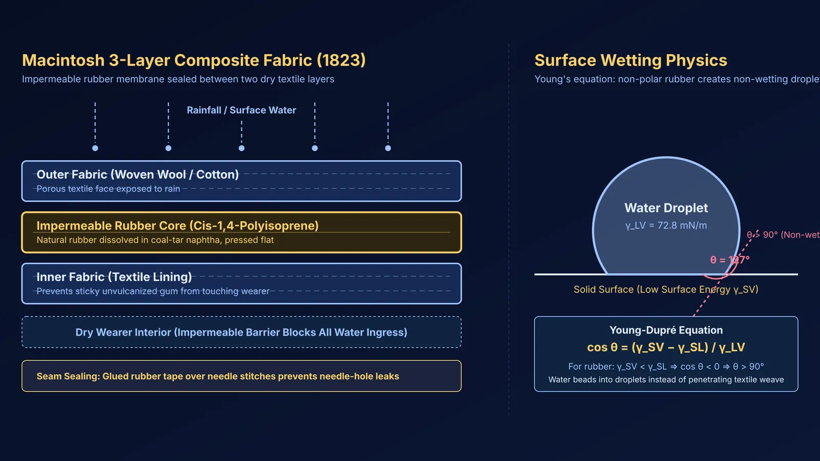 Diagram of Macintosh three-layer waterproof fabric composite and water droplet contact angle