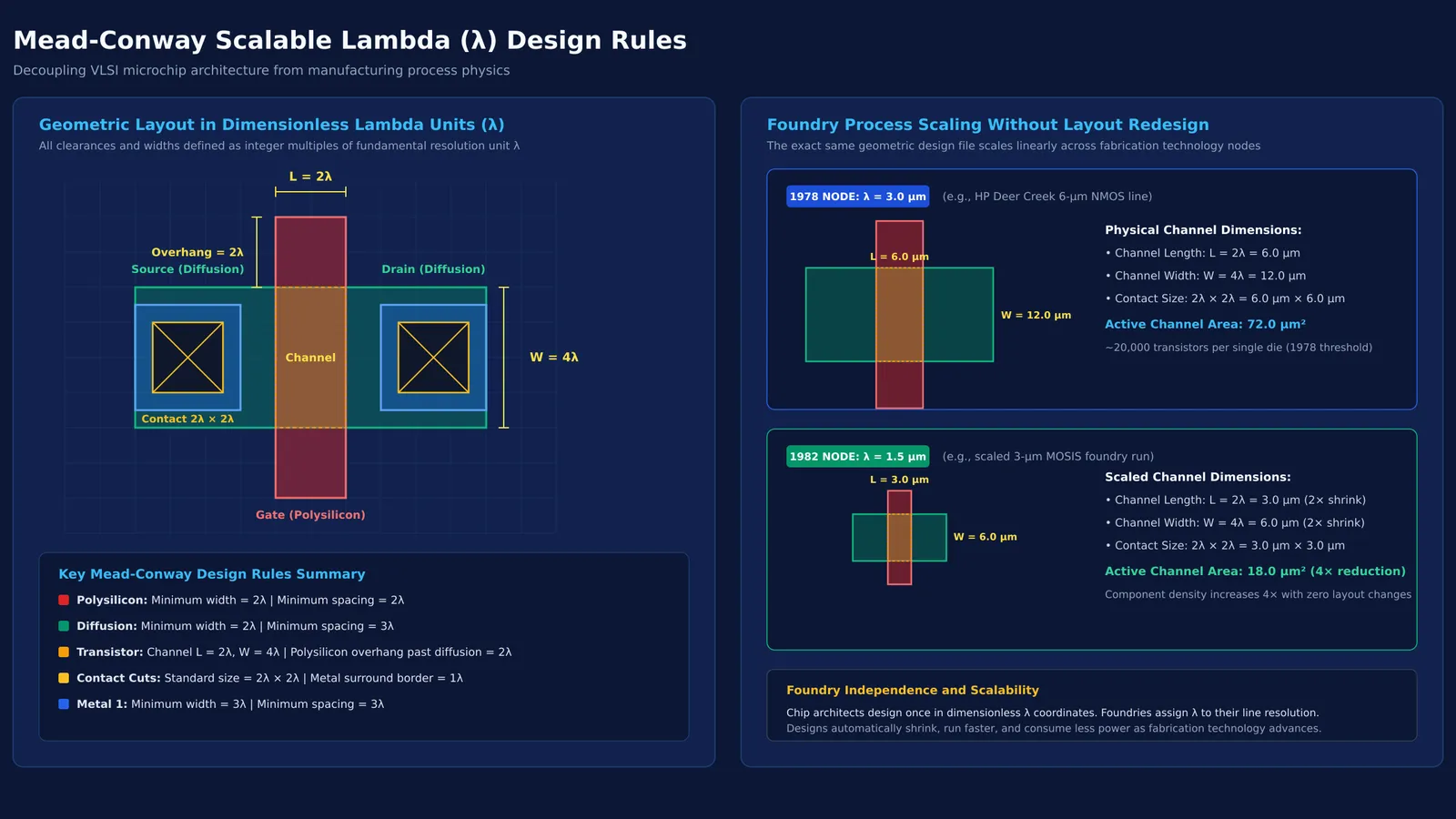 Diagram of Mead-Conway lambda design rules for transistor layout and linear scaling