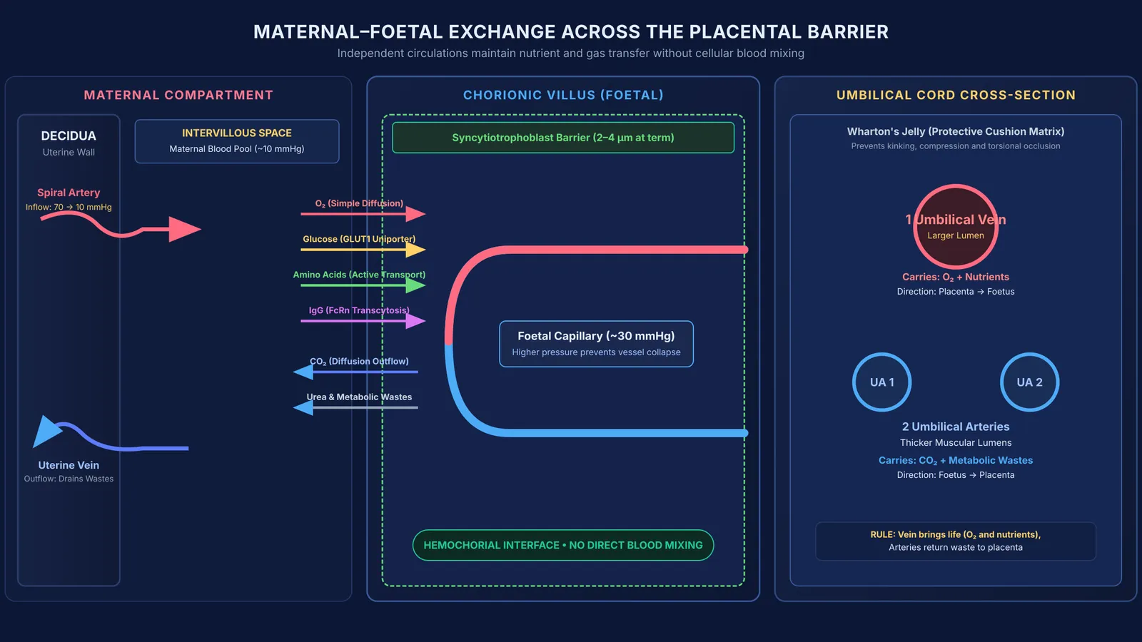 Diagram of placental barrier and umbilical cord showing maternal-foetal material exchange without blood mixing