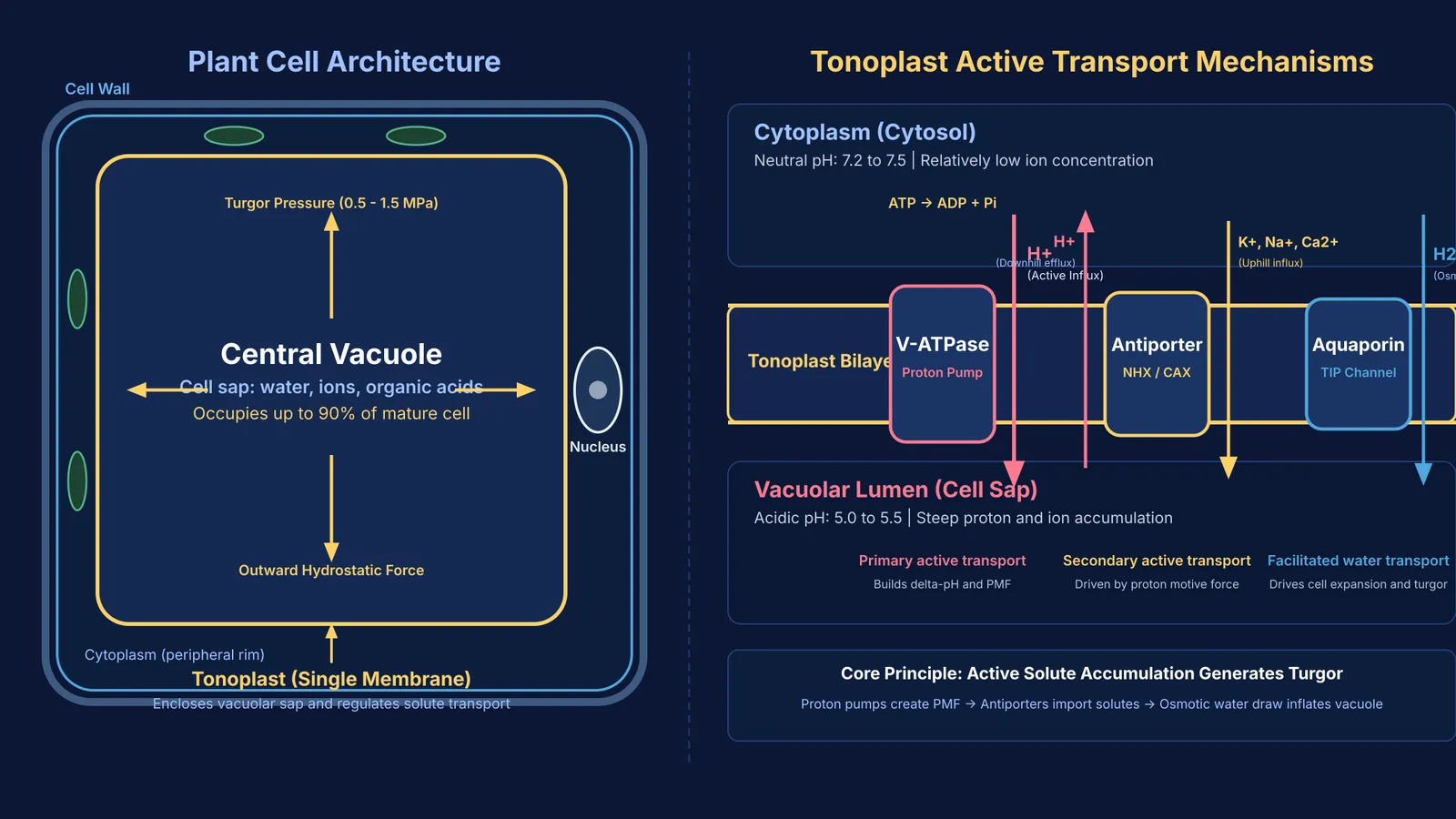 Diagram of plant cell central vacuole and tonoplast ion transport mechanism