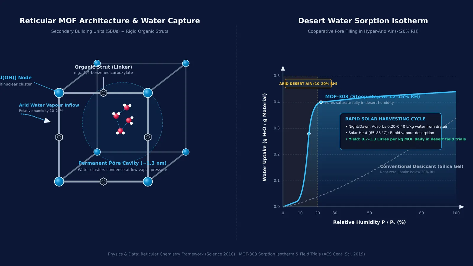 Diagram of reticular MOF crystal pore architecture and its steep desert water adsorption isotherm