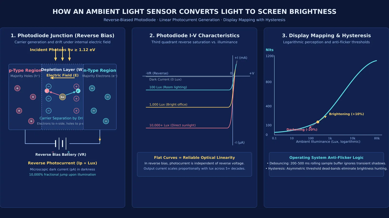 Diagram of reverse-biased photodiode carrier drift, I-V curves, and lux-to-brightness mapping.