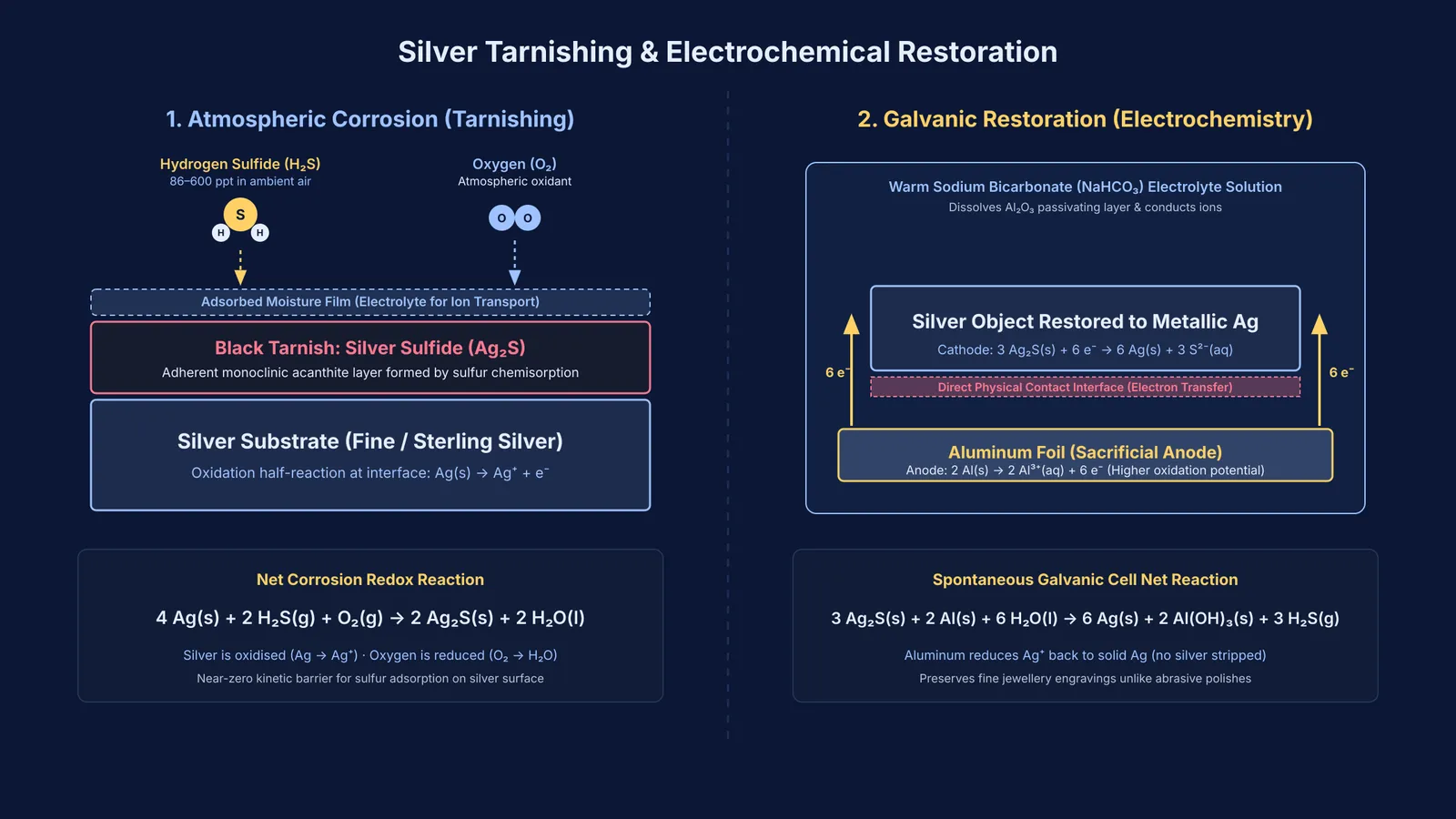 Diagram of silver tarnishing by atmospheric hydrogen sulfide and electrochemical restoration using aluminum foil