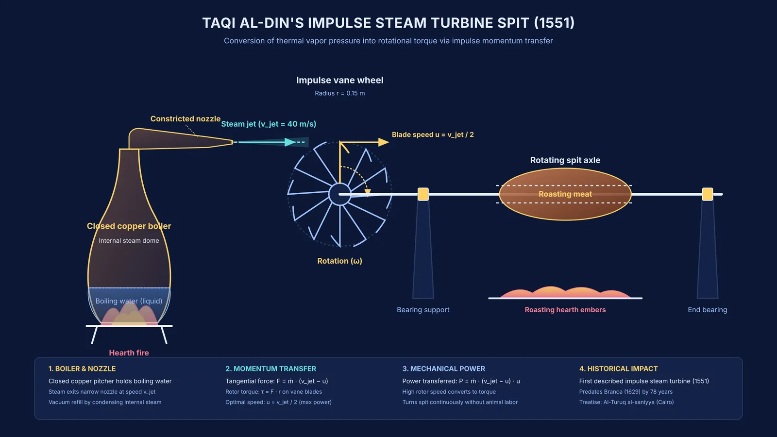 Diagram of Taqi al-Din's 1551 impulse steam turbine roasting spit