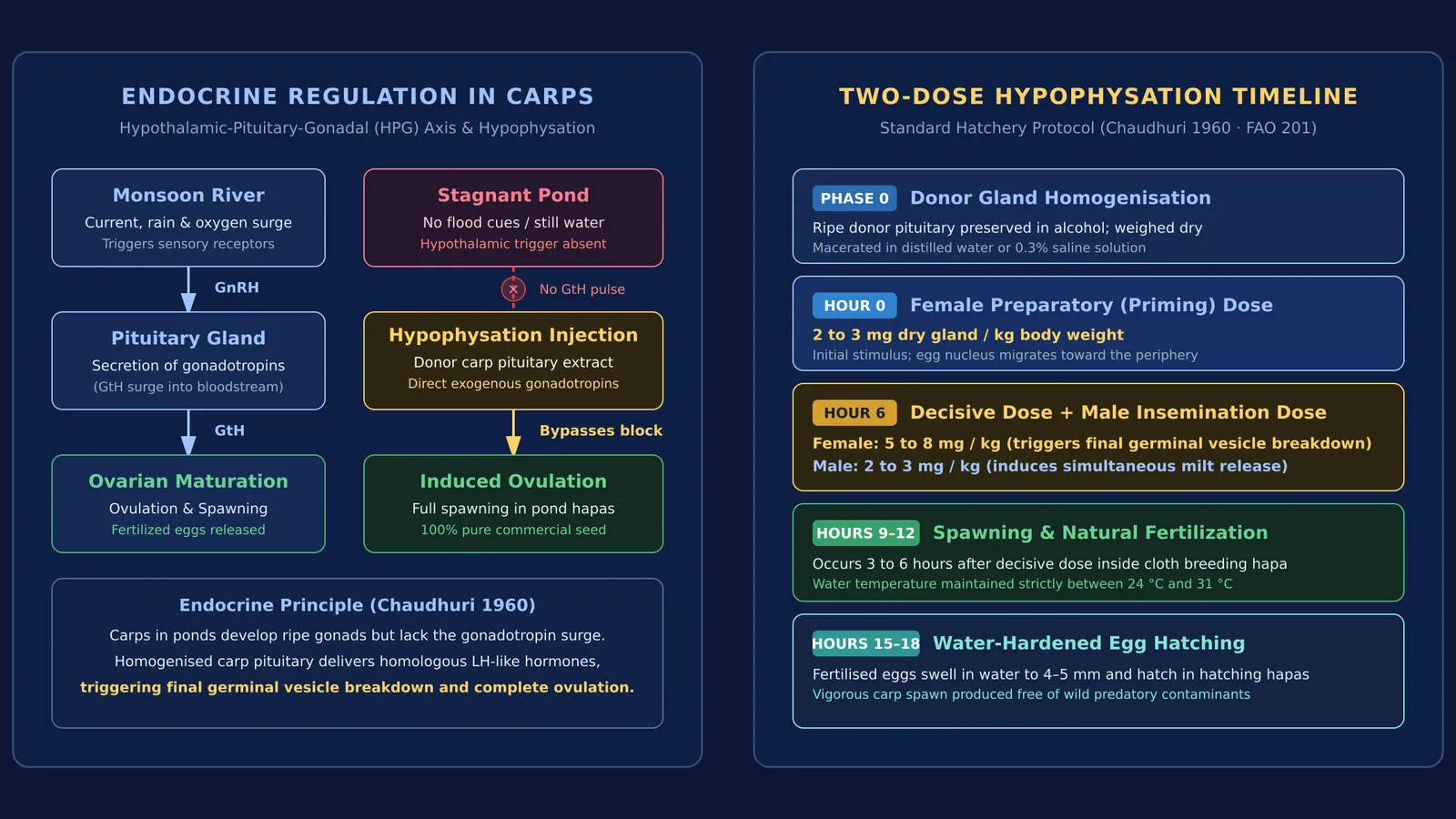 Diagram of the carp hypophysation endocrine bypass and two-dose injection timeline.
