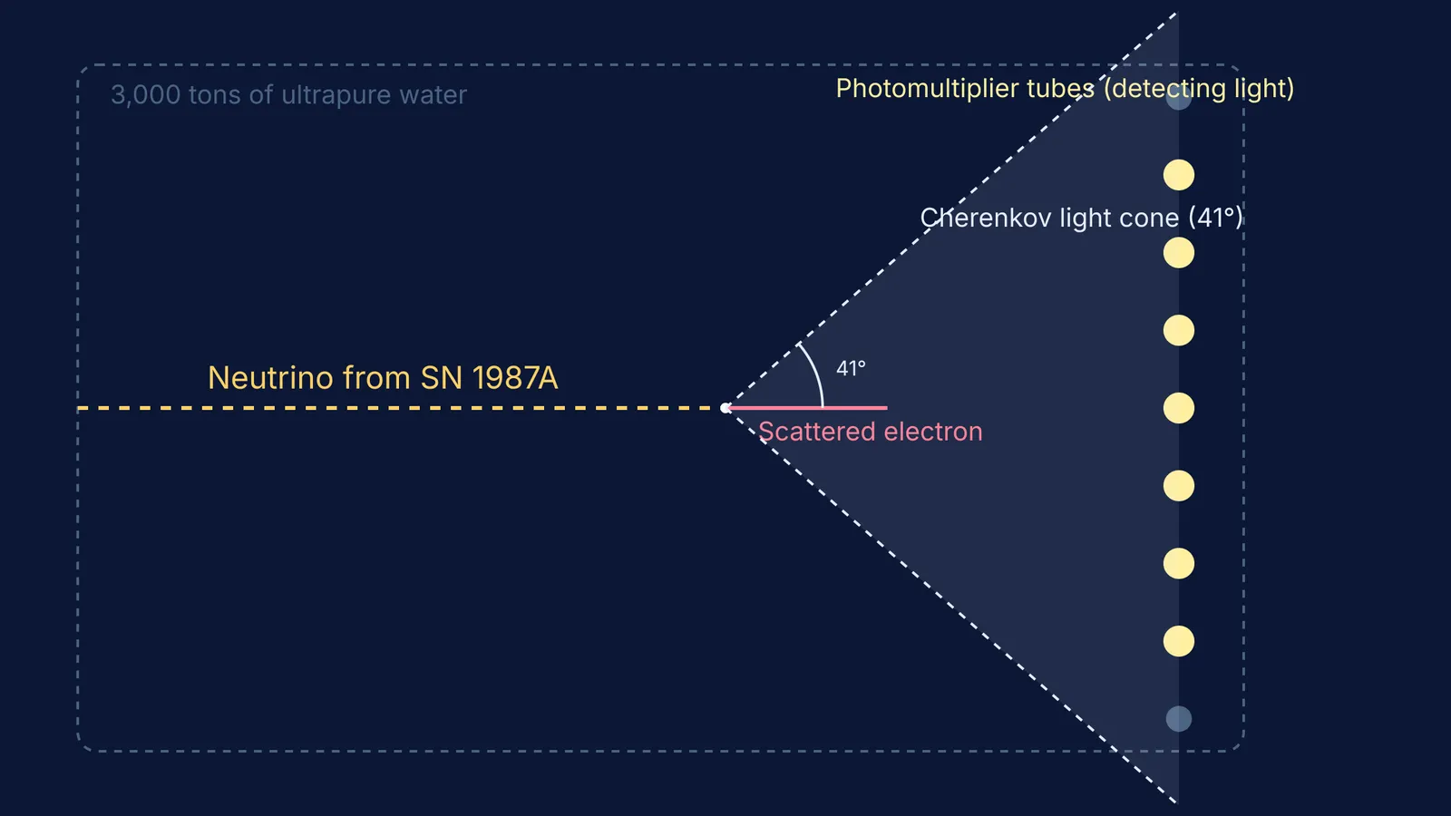 Diagram of the Kamiokande detector capturing a neutrino from Supernova 1987A, showing a Cherenkov radiation cone