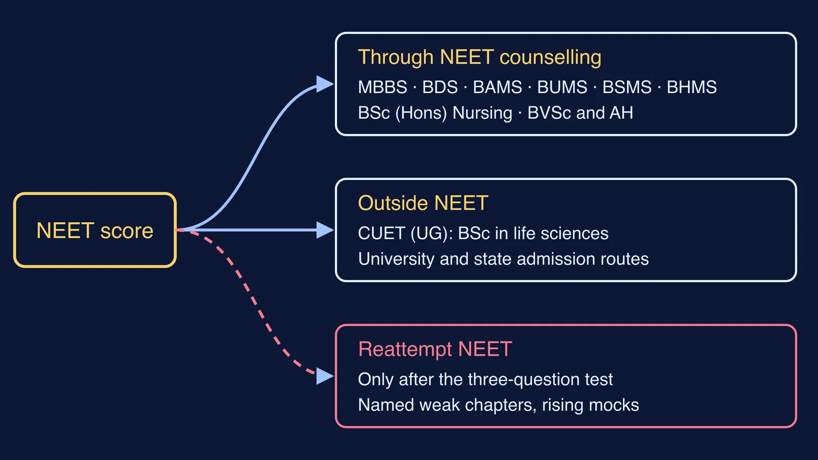 Diagram of three routes from a NEET score: counselling courses, non-NEET degrees, reattempt