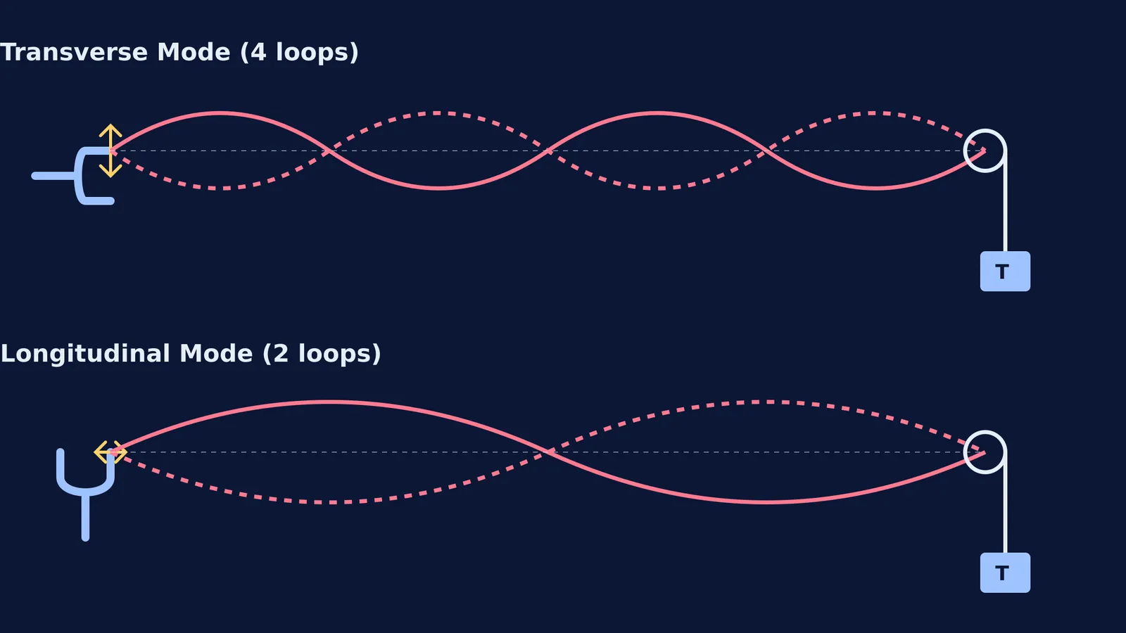 Diagram of transverse and longitudinal modes in Melde's experiment.