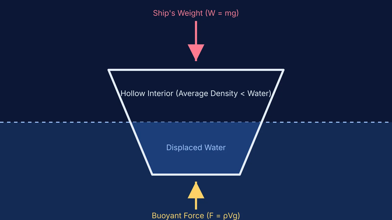 Diagram showing a floating ship's displaced water and buoyant force.
