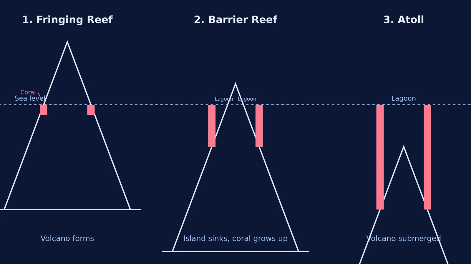 Diagram showing a fringing reef becoming an atoll as a volcano sinks