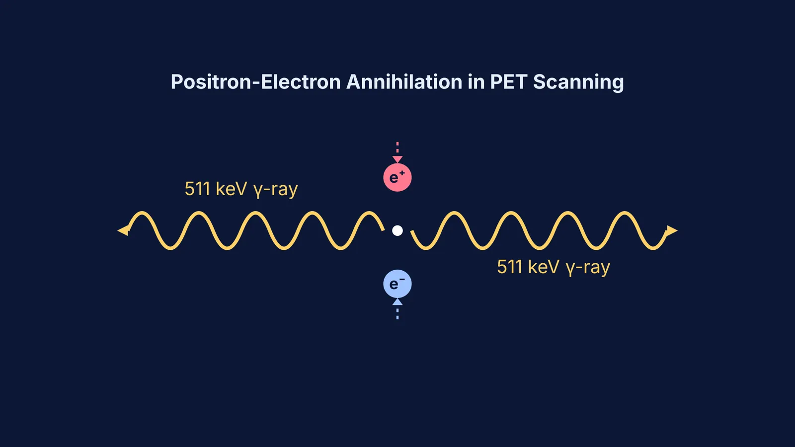 Diagram showing a positron and electron annihilating to produce two 511 keV gamma rays