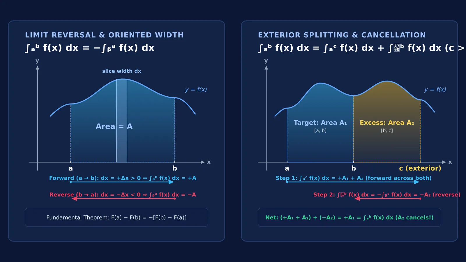 Diagram showing definite integral limit reversal and exterior point cancellation
