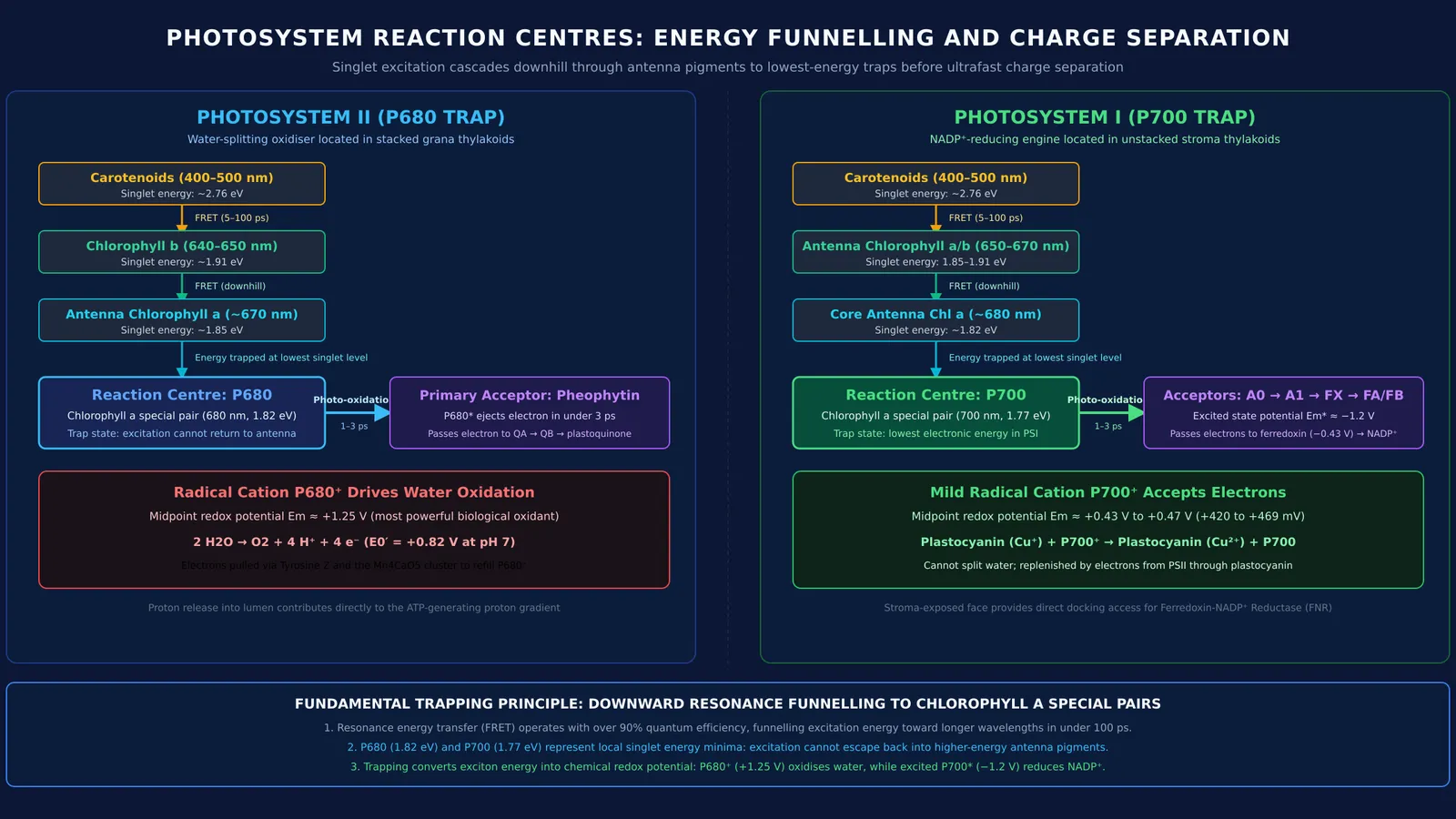 Diagram showing downhill energy funnelling and photochemical charge separation in P680 and P700