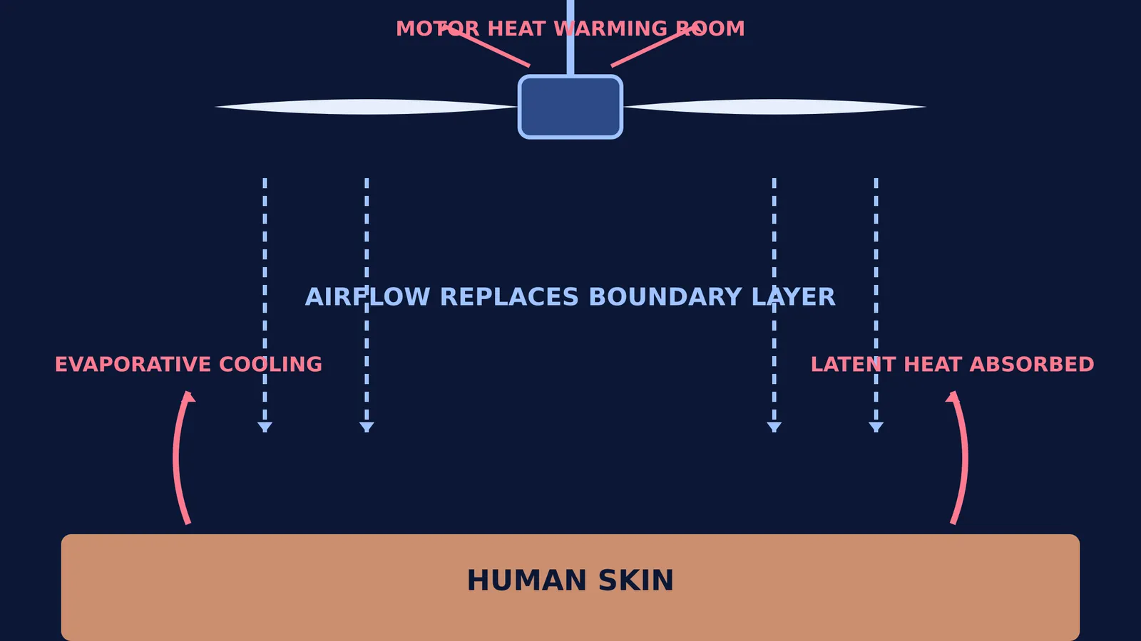 Diagram showing fan airflow cooling skin while motor heat warms the room