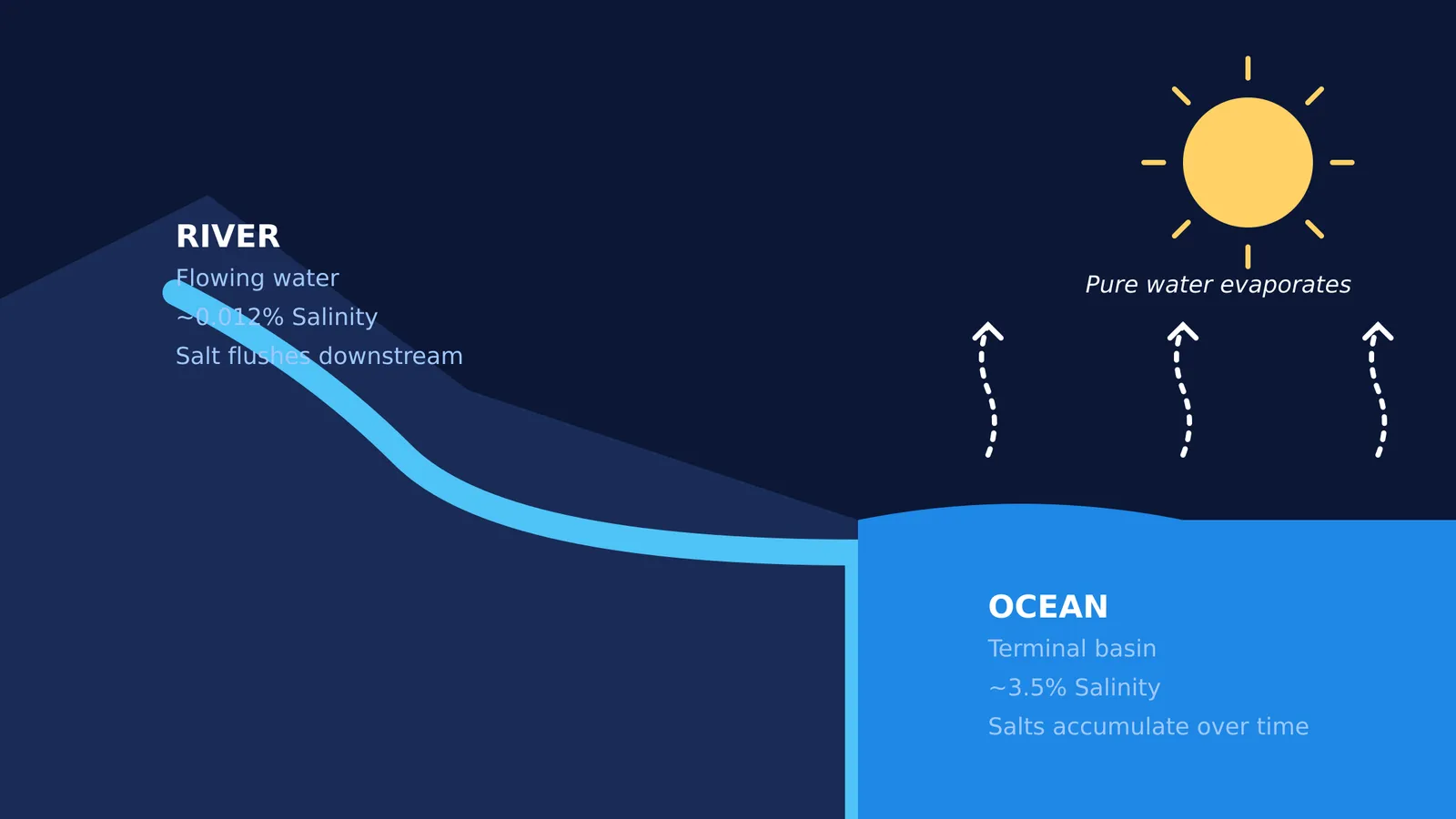 Diagram showing fresh river water flowing into the ocean where evaporation concentrates the salt.
