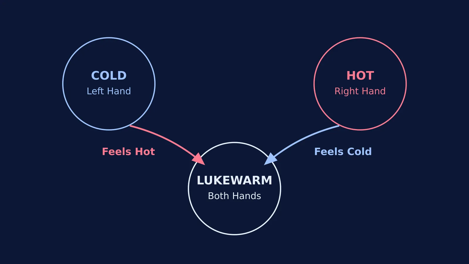 Diagram showing hands moving from cold and hot bowls to a lukewarm bowl