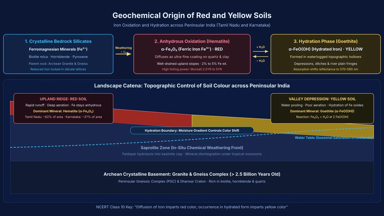 Diagram showing iron oxidation to red hematite and hydration to yellow goethite