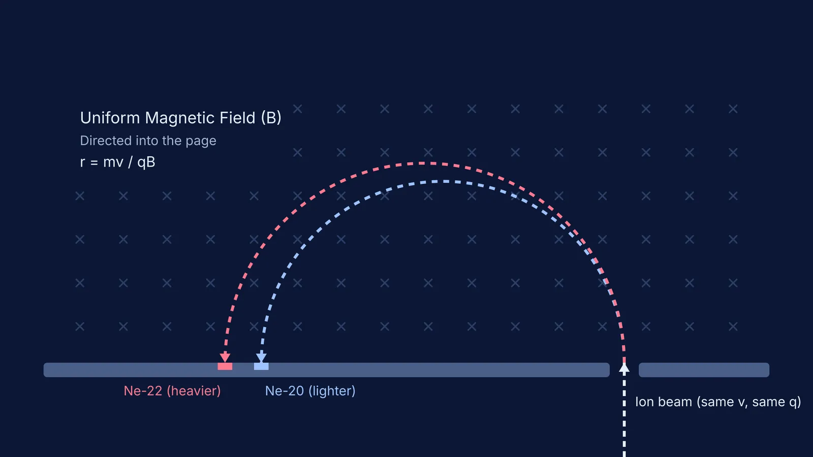 Diagram showing lighter Neon-20 and heavier Neon-22 isotopes separating in a magnetic field