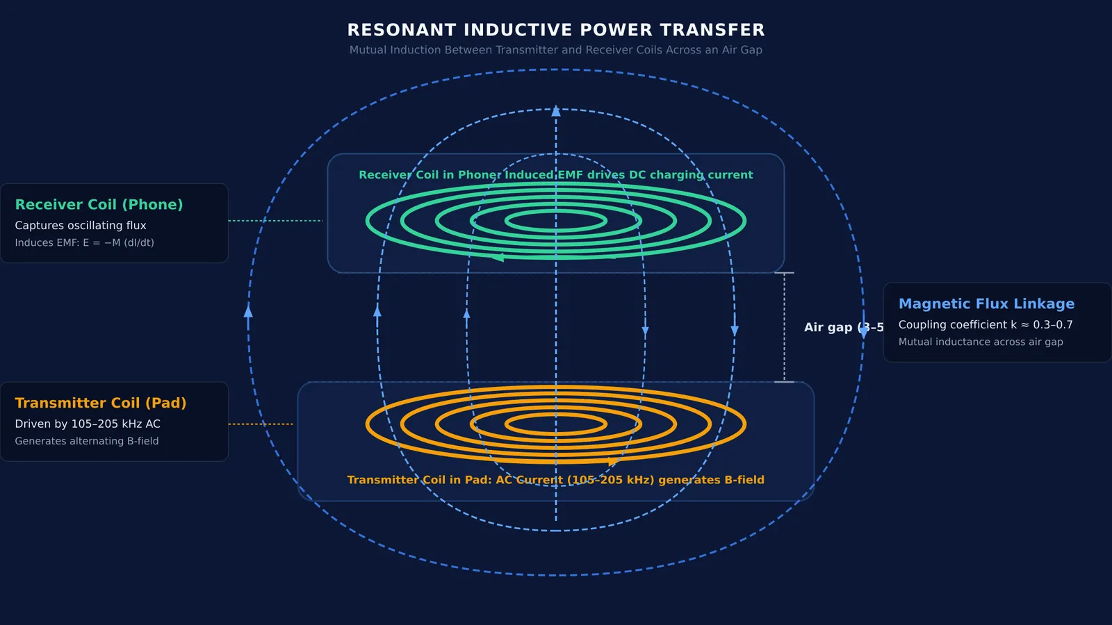 Diagram showing mutual induction between transmitter coil in pad and receiver coil in phone.