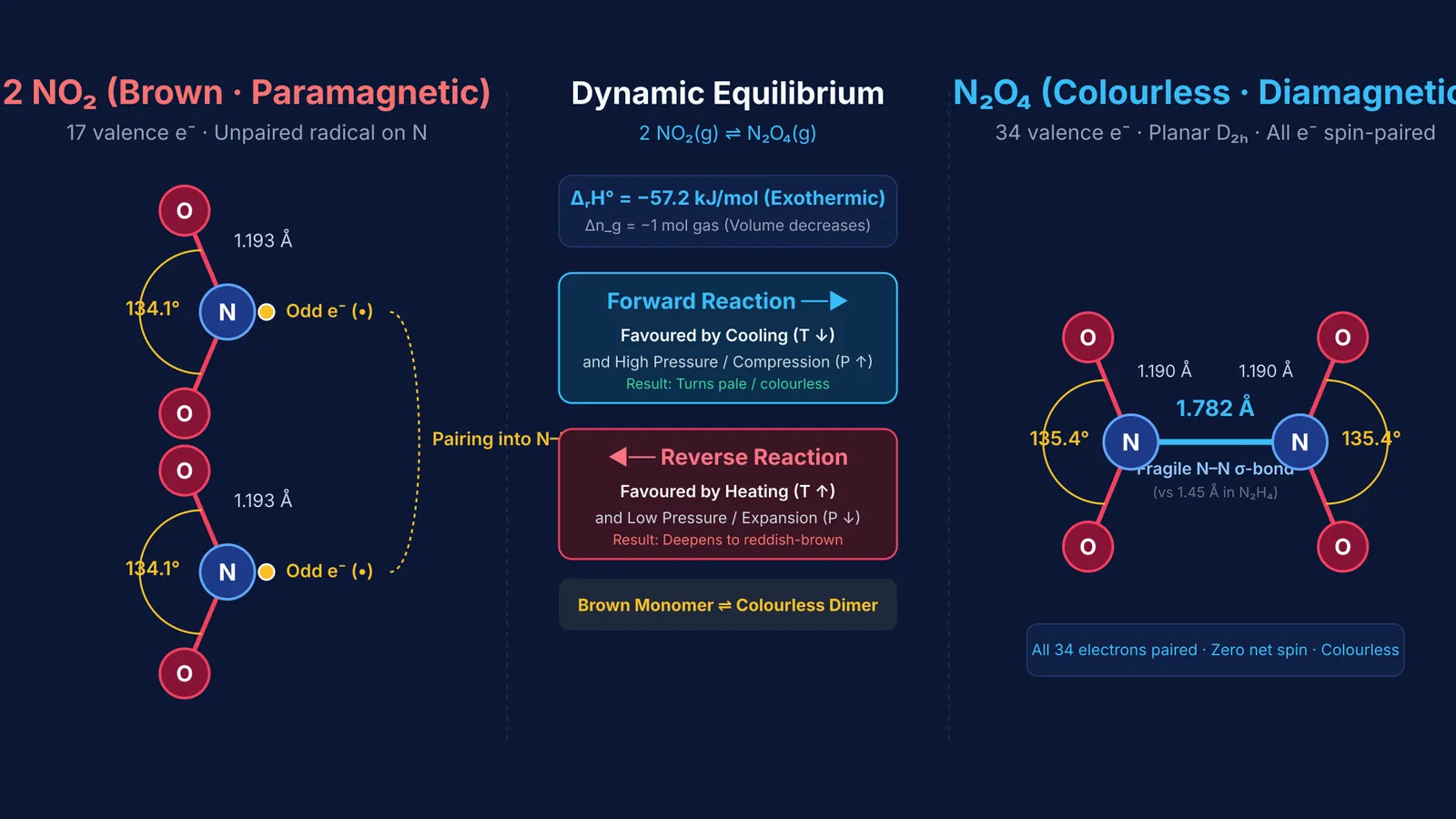 Diagram showing NO2 odd-electron pairing into N2O4 and dynamic equilibrium shifts
