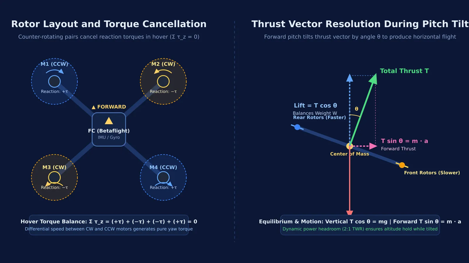 Diagram showing quadcopter counter-rotating rotor torques and tilted thrust vector resolution