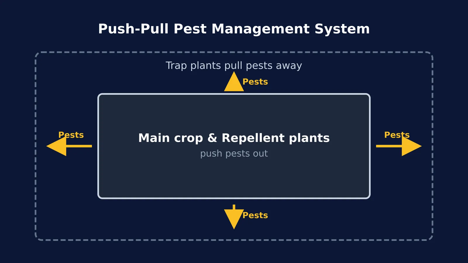 Diagram showing repellent plants pushing pests towards a border of trap plants.